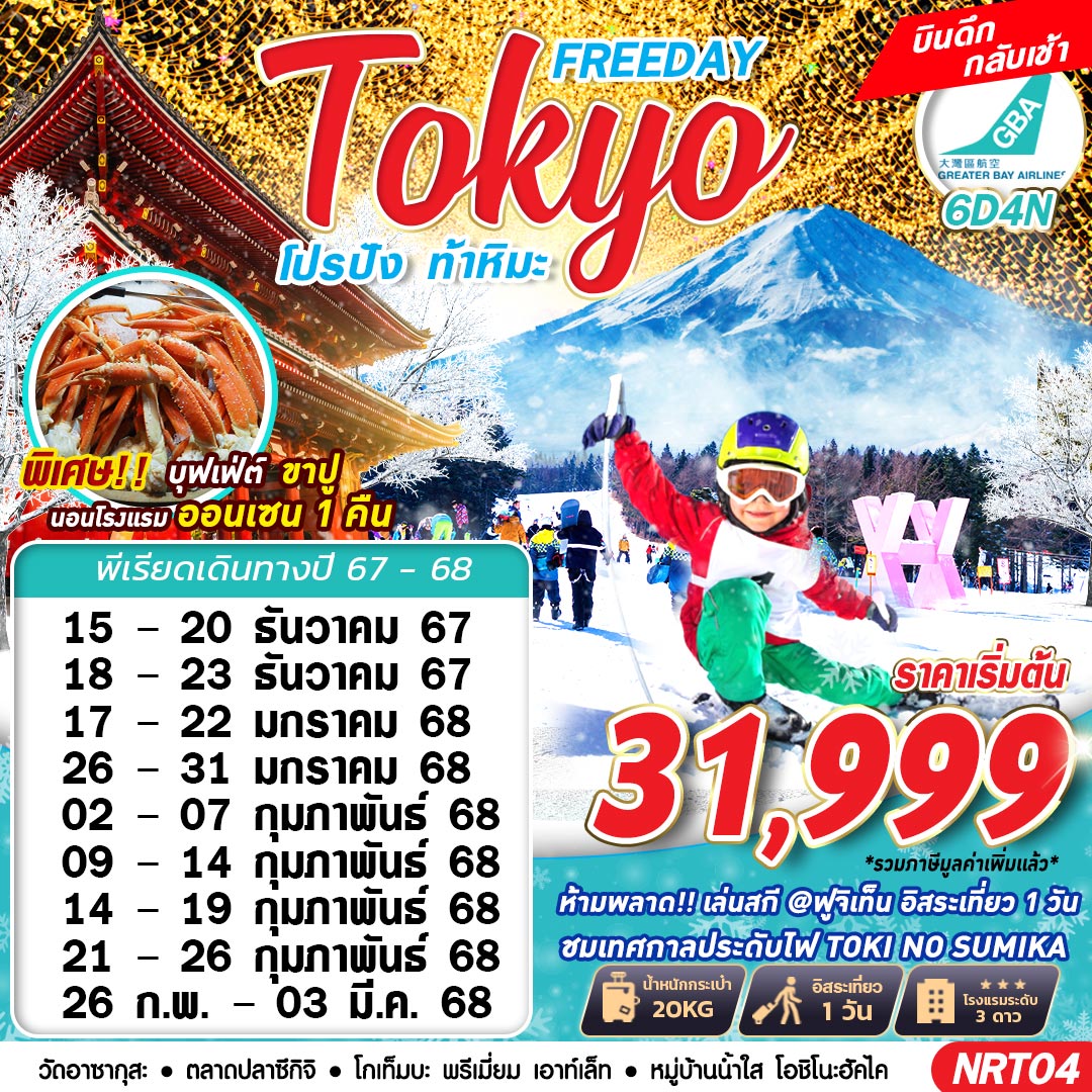 ทัวร์ญี่ปุ่น TOKYO WINTER โปรปัง ท้าหิมะ (FREEDAY) ปีใหม่ 6วัน 4คืน (HB)